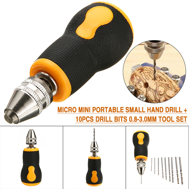 Mini Hand Drill + 10pcs 0.8-3.0mm Drill Bits Set Portable Hand